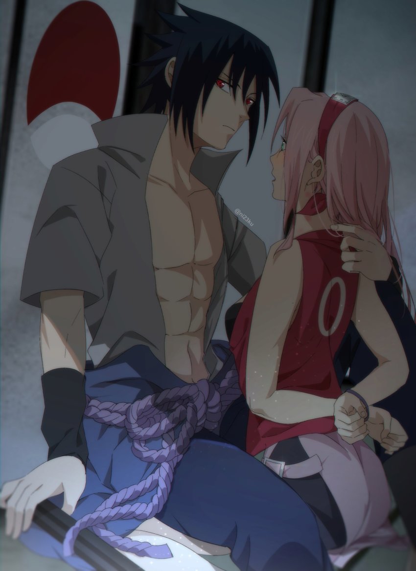 1boy, 1girl, arms_behind_back, belt, black_hair, bound, bound_wrists, couple, haruno_sakura, hetero, highres, looking_to_the_side, naruto_(classic), naruto_(series), naruto_shippuuden, ni23ku, open_clothes, open_shirt, pink_hair, red_eyes, sitting, uchiha_sasuke