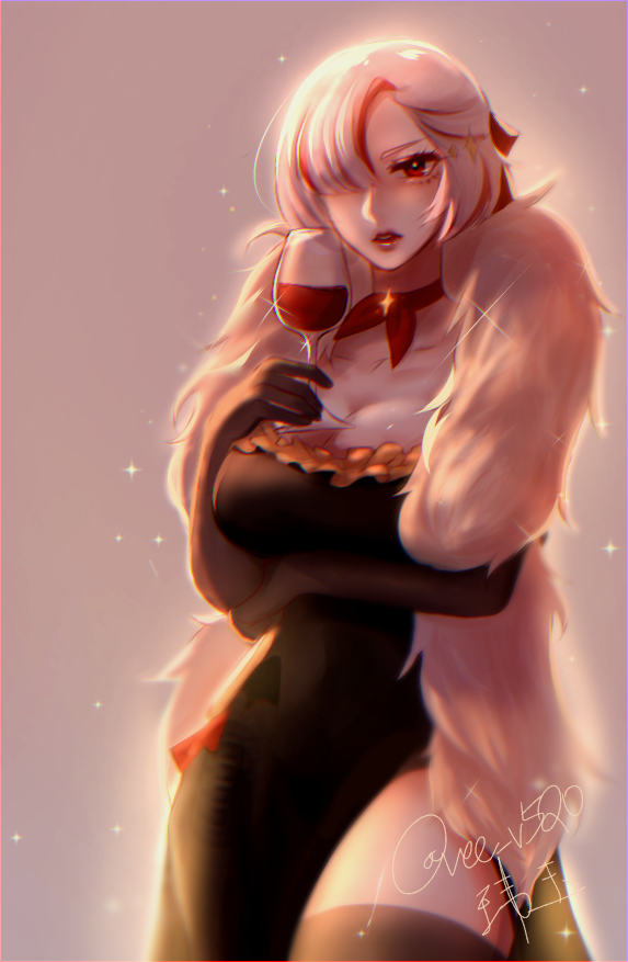 1girl, aozora_kurumi, black_dress, black_gloves, breasts, cleavage, dress, elbow_gloves