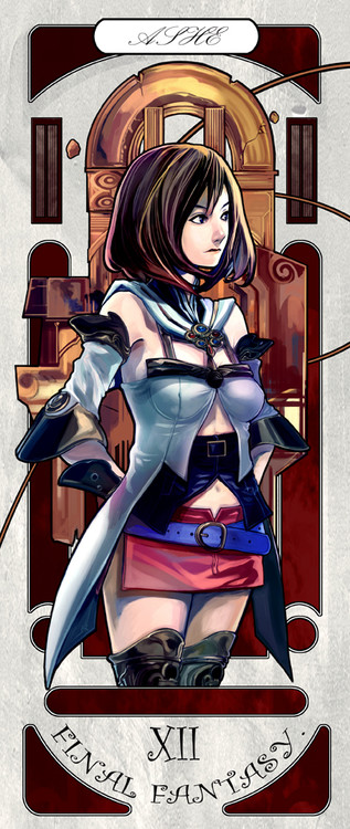 00s, 1girl, arms_behind_back, art_nouveau, ashelia_b'nargin_dalmasca, bare_shoulders, belt, brown_hair, detached_sleeves, female_focus, final_fantasy, final_fantasy_xii, flapper_shirt, kinggainer, microskirt, midriff, miniskirt, shirt, short_hair, skirt, solo, thighhighs