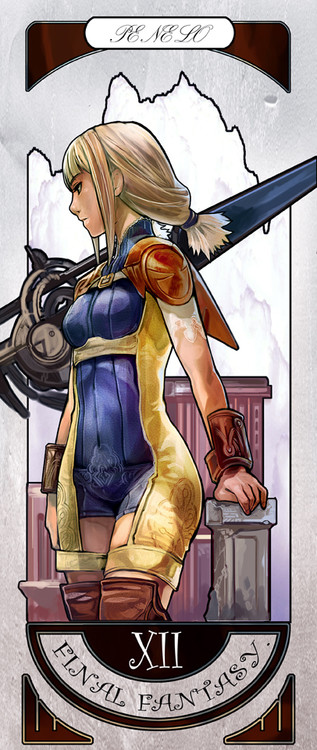 00s, 1girl, armor, blonde_hair, bodysuit, bracelet, braid, card_(medium), copyright_name, english_text, female_focus, final_fantasy, final_fantasy_xii, jewelry, kinggainer, kneehighs, leather_armor, long_hair, penelo, romper, socks, solo, twintails, weapon, wrist_cuffs