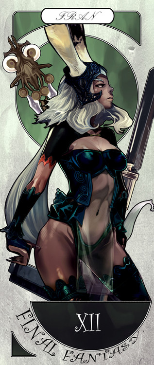00s, 1girl, animal_ears, art_nouveau, breasts, bridal_gauntlets, rabbit_ears, cleavage, dark_skin, dark-skinned_female, female_focus, final_fantasy, final_fantasy_xii, fran_(ff12), helmet, kinggainer, long_hair, midriff, navel, revealing_clothes, see-through_clothes, solo, thighhighs, very_long_hair, viera, white_hair