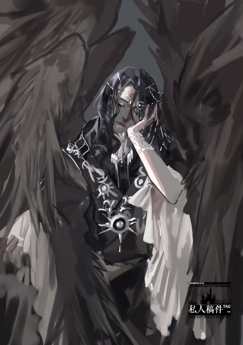 1boy, absurdres, angel, black_hair, black_robe, black_wings, bracer, chinese_commentary