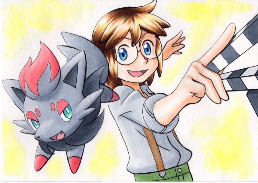1boy, :d, blue_eyes, brown_hair, clapperboard, gen_5_pokemon, glasses, green_pants