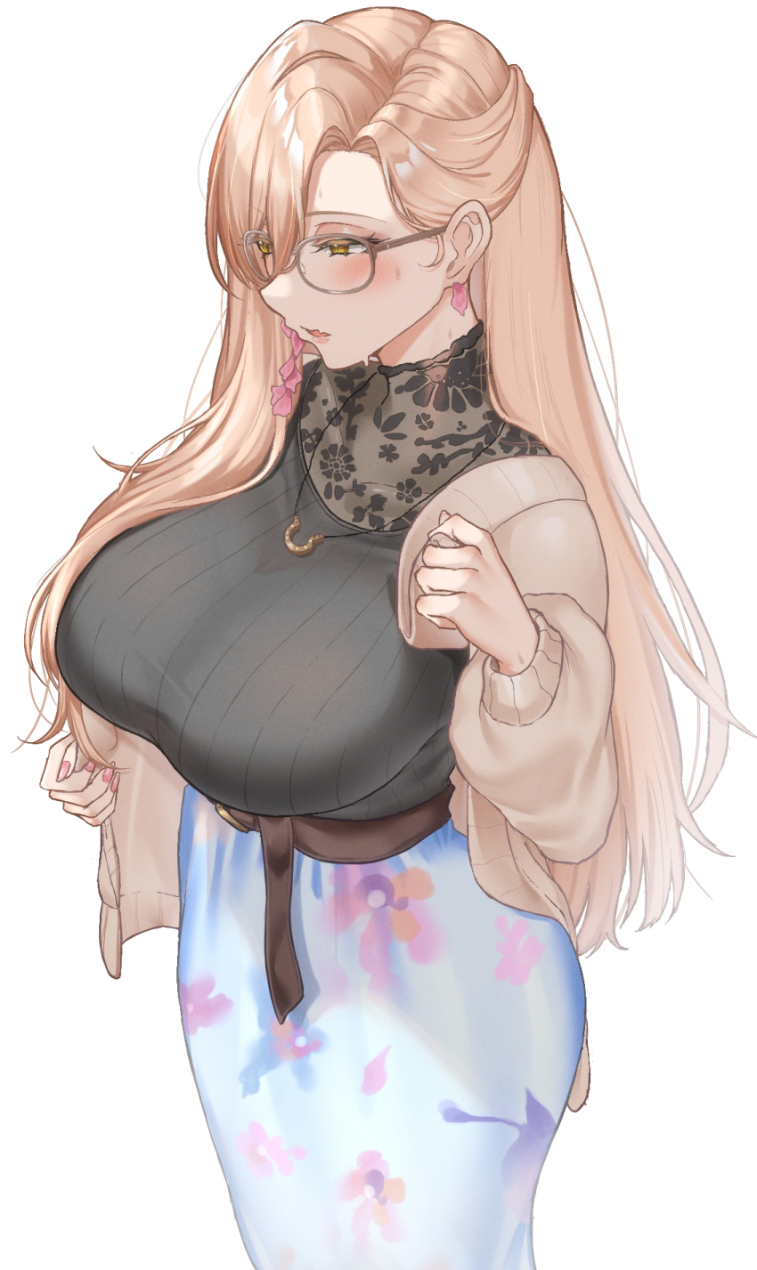 1girl, belt, black_sweater, blonde_hair, blush, breasts, brown_belt, brown_cardigan, cardigan, casual, earrings, fang, floral_print, glasses, hair_between_eyes, highres, jewelry, large_breasts, long_hair, long_skirt, nail_polish, nijisanji, nui_sociere, nui_sociere_(4th_costume), open_cardigan, open_clothes, parted_bangs, parted_lips, pink_nails, ribbed_sweater, see-through_clothes, simple_background, skin_fang, skirt, skysign_ft, solo, sweat, sweater, swept_bangs, very_long_hair, virtual_youtuber, white_background, yellow_eyes