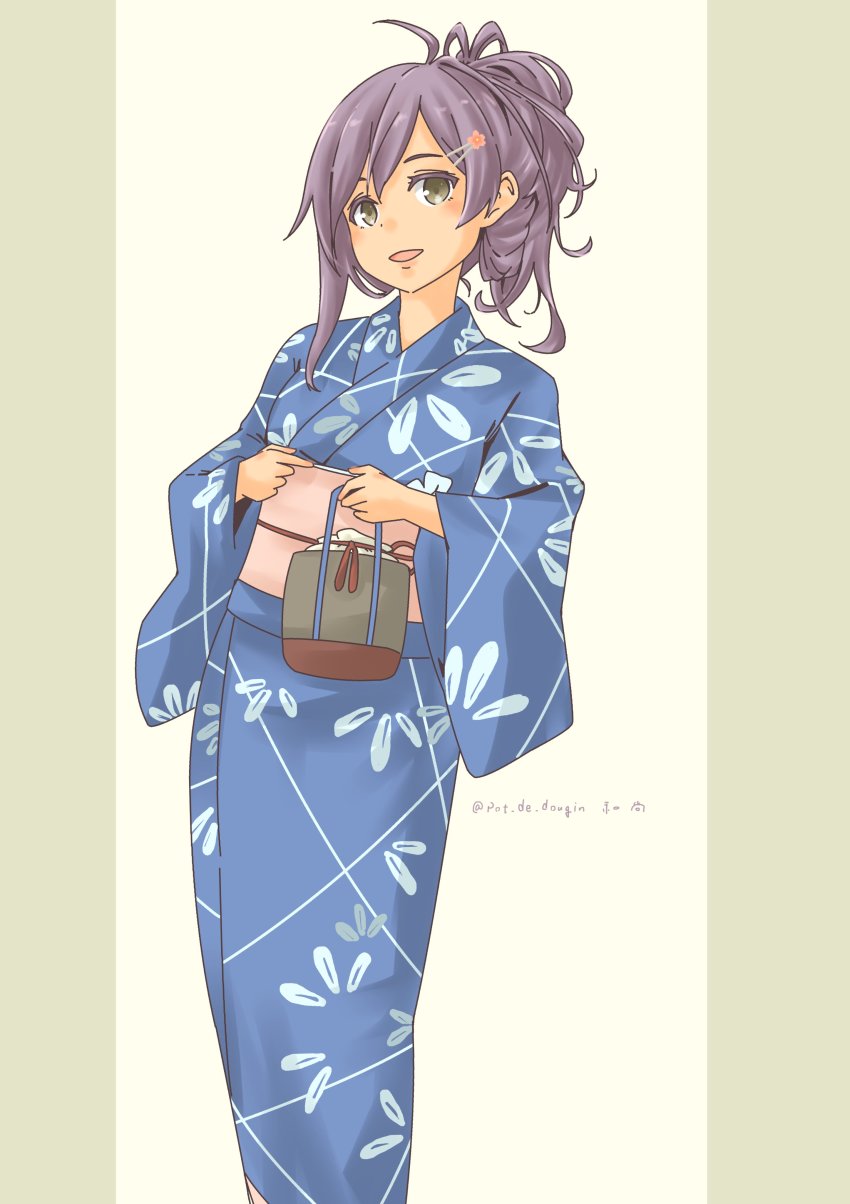 1girl, absurdres, alternate_costume, bag, blush, brown_eyes, floral_print, flower