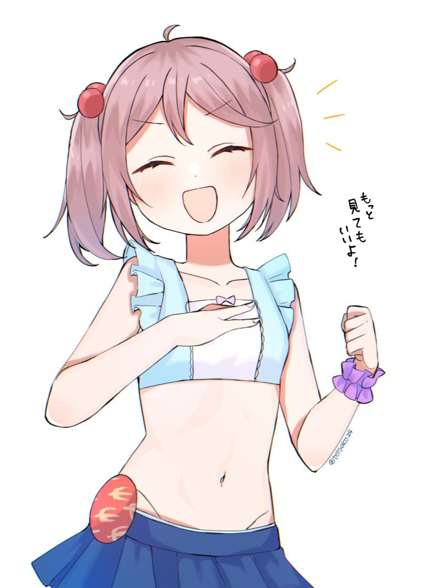 1girl, bikini, blue_bikini, blue_skirt, blush, closed_eyes, collarbone, hair_bobbles