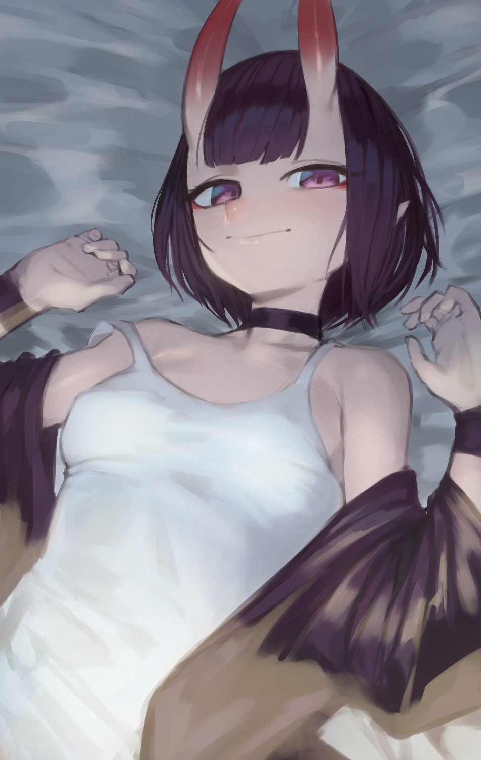 1girl, bare_shoulders, blouse, blush, bob_cut, breasts, choker, chorogon