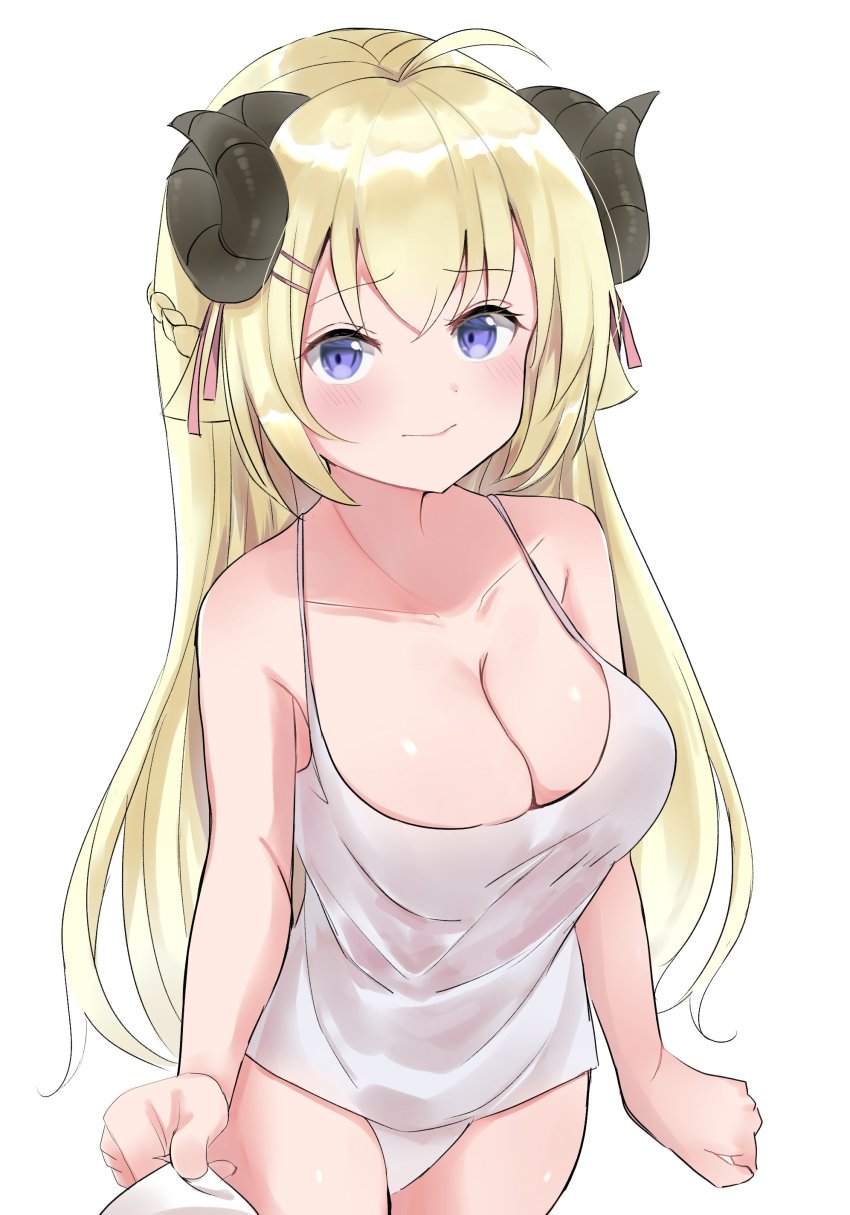 1girl, absurdres, ahoge, arms_at_sides, blonde_hair, blush, braid, breasts, cleavage, closed_mouth, clothes_pull, collarbone, commentary, cowboy_shot, english_commentary, furrowed_brow, hair_between_eyes, hair_ornament, hair_ribbon, hairclip, highres, hololive, horns, long_hair, looking_at_viewer, loose_clothes, loose_shirt, medium_breasts, missing_legwear, panties, pink_ribbon, plunging_neckline, pov, purple_eyes, ribbon, sheep_girl, sheep_horns, shiny_horns, shiny_skin, shirt, shirt_pull, simple_background, solo, standing, tachibana_(x_quick), tank_top, tsunomaki_watame, underwear, underwear_only, very_long_hair, virtual_youtuber, white_background, white_panties, white_shirt