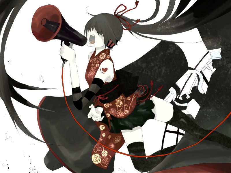 arm_warmers, bad_id, bad_pixiv_id, black_hair, hair_over_eyes, headphones, japanese_clothes, kimono, koi_wa_sensou_(vocaloid), long_hair, megaphone, nagone_mako, parody, ponytail, pug_(pixiv), solo, thighhighs, utau, very_long_hair, vocaloid