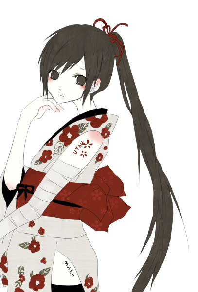 black_hair, blush, japanese_clothes, kimono, long_hair, nagone_mako, ponytail, pug_(pixiv), solo, thighhighs, utau, very_long_hair, vocaloid