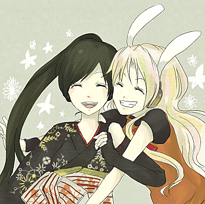 2girls, amane_luna, animal_ear_headphones, animal_ears, bad_id, bad_pixiv_id, black_hair, blonde_hair