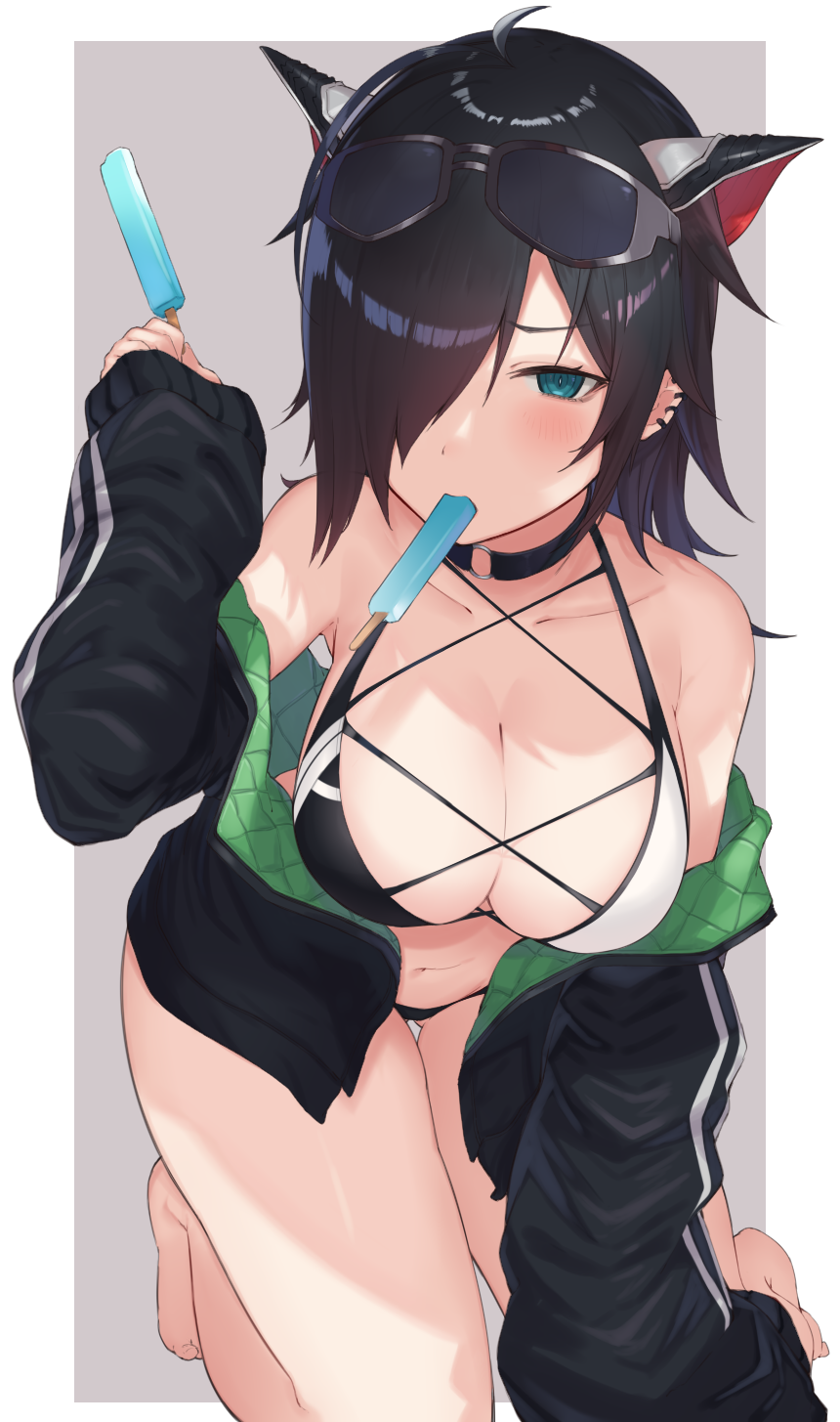 1girl, animal_ears, barefoot, bikini, black_choker, black_hair, black_jacket, blue_eyes, blush, breasts, choker, cleavage, dragon_ears, ear_piercing, extra_ears, eyewear_on_head, food, hair_over_one_eye, highres, holding, jacket, large_breasts, long_sleeves, looking_at_viewer, medium_hair, mouth_hold, ngtr_kaina, o-ring, o-ring_choker, off_shoulder, piercing, popsicle, puzzle_&amp;_dragons, roche_(p&amp;d), simple_background, solo, sunglasses, swimsuit, track_jacket