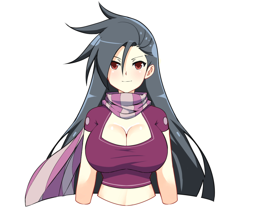 black_hair, breasts, casual, cleavage, huge_breasts, kometoze, long_hair, red_eyes