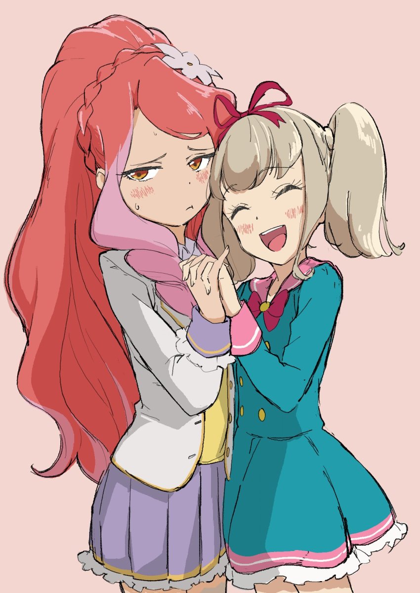 2girls, :d, :t, aikatsu!_(series), aikatsu_on_parade!, big_hair, blue_dress, blush