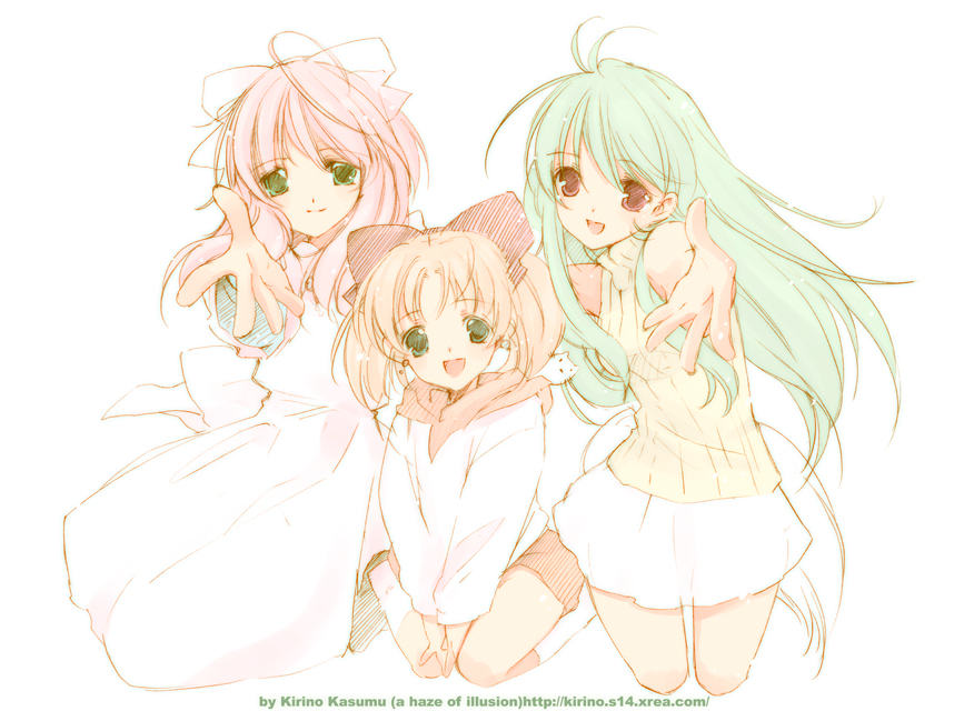 00s, 3girls, :d, ahoge, antenna_hair, blonde_hair, bow, child