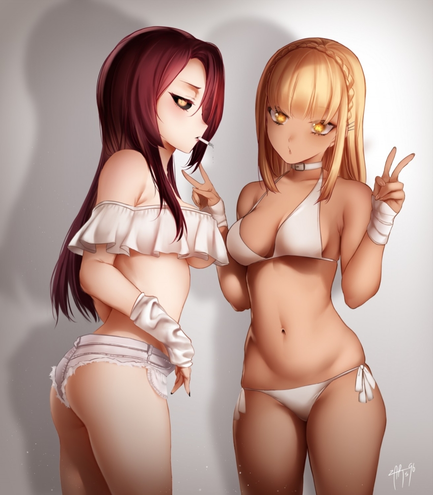 2girls, ass, bandeau, bikini, black_nails, black_sclera, blonde_hair, braid, breasts, choker, cigarette, colored_sclera, cowboy_shot, crown_braid, cutoffs, dark-skinned_female, dark_skin, double_v, earrings, from_side, grey_background, head_tilt, highres, jewelry, keto_(shinigami_bocchan_to_kuro_maid), long_hair, looking_at_viewer, looking_back, medium_breasts, micro_shorts, midriff, mouth_hold, multiple_earrings, multiple_girls, nail_polish, navel, parted_bangs, profile, purple_hair, shinigami_bocchan_to_kuro_maid, shorts, side-tie_bikini_bottom, signature, simple_background, slit_pupils, swimsuit, underboob, v, white_bikini, yellow_eyes, zasshu