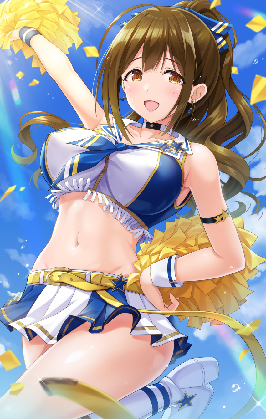 1girl, armband, bare_shoulders, belt, boots, brown_eyes, brown_hair, cheering
