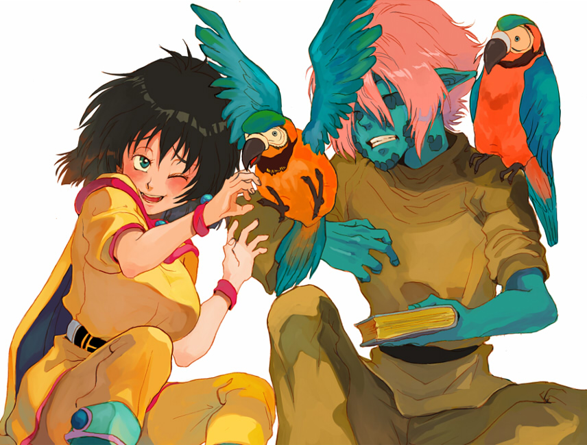 1boy, 1girl, amelia_wil_tesla_seyruun, animal, animal_on_arm, animal_on_shoulder, bad_id, bad_pixiv_id