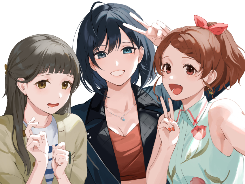 3girls, :d, ahoge, blue_eyes, blue_hair, blue_jacket, blue_shirt, bow, braid, braided_bangs, breasts, brown_eyes, brown_hair, cleavage, copyright_request, earrings, fuuraiki, fuuraiki_(series), fuuraiki_4, grey_jacket, grin, hair_bow, hand_up, hands_up, highres, jacket, jewelry, kotatiyu, looking_at_viewer, mole, mole_under_eye, mole_under_mouth, multiple_girls, necklace, open_clothes, open_jacket, open_mouth, ponytail, red_bow, shirt, simple_background, sleeveless, sleeveless_shirt, smile, strapless, striped_clothes, striped_shirt, tube_top, v, white_background