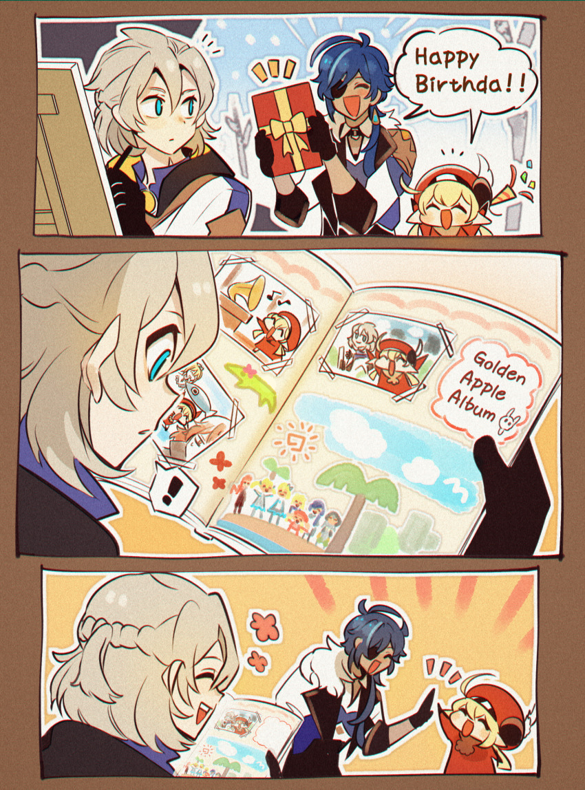 1girl, 2boys, :d, ^_^, ahoge, albedo_(genshin_impact), barbara_(genshin_impact), black_hair