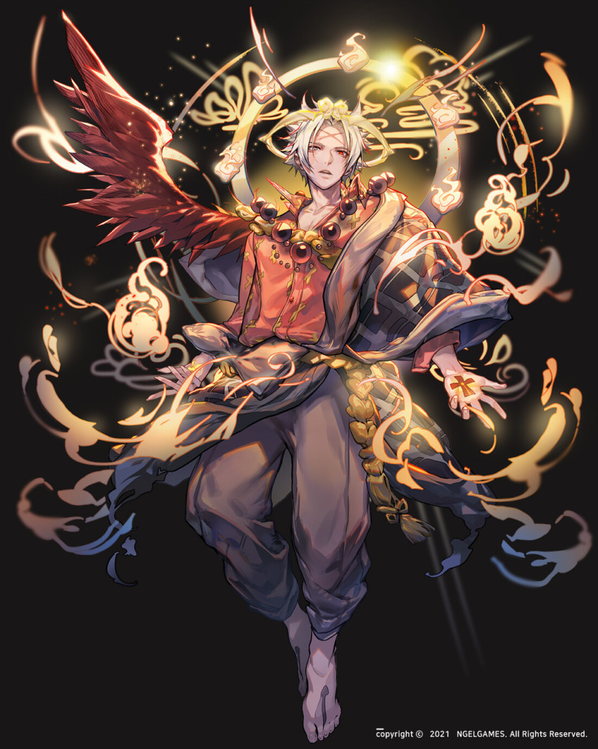 1boy, barefoot, black_background, black_pants, burn_scar, halo, hero_cantare, heterochromia, highres, jewelry, looking_at_viewer, male_focus, mujin_park, necklace, official_art, open_mouth, pants, park_mujin, pearl_necklace, red_eyes, red_shirt, red_wings, scar, scar_on_face, shirt, short_hair, single_wing, solo, teeth, the_god_of_high_school, upper_teeth_only, white_eyes, white_hair, wings, yagaaaa