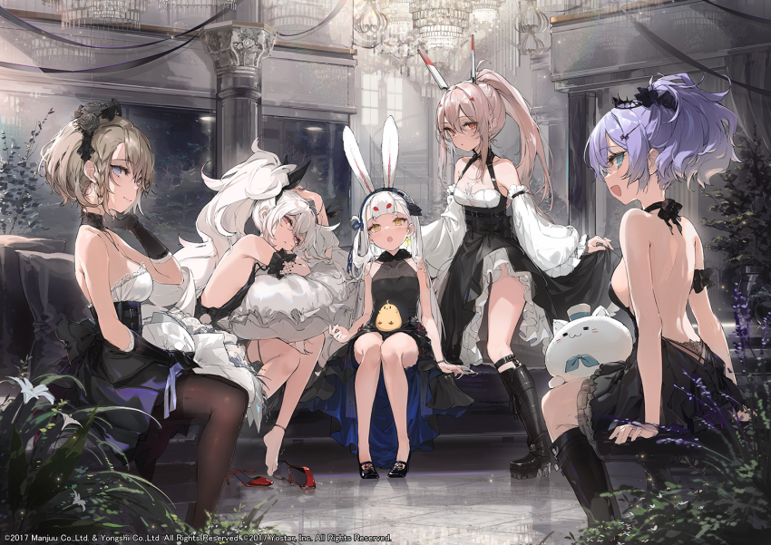 5girls, :d, :o, animal_ears, ayanami_(azur_lane), ayanami_(nightfall_raiment)_(azur_lane), azur_lane, back, backless_dress, backless_outfit, bare_arms, bare_legs, bare_shoulders, black_dress, black_footwear, black_socks, blue_eyes, boots, breasts, brown_hair, brown_legwear, crown, detached_sleeves, dress, flower, frilled_sleeves, frills, hair_ornament, high_heel_boots, high_heels, javelin_(a_different_dance)_(azur_lane), javelin_(azur_lane), knee_boots, kneehighs, laffey_(azur_lane), lily_(flower), long_hair, long_sleeves, looking_at_viewer, manjuu_(azur_lane), mechanical_ears, medium_breasts, mini_crown, multiple_girls, official_art, open_mouth, open_shoes, orange_eyes, pantyhose, platform_footwear, ponytail, purple_eyes, purple_hair, rabbit_ears, red_eyes, red_footwear, shimakaze_(azur_lane), shoes, short_dress, short_hair, sideless_outfit, sitting, small_breasts, smile, socks, starter_squad_(azur_lane), strappy_heels, twintails, underbust, unworn_shoes, watermark, white_hair, wide_sleeves, yatsuha_(hachiyoh), yellow_eyes, z23_(azur_lane), z23_(tanz_der_blumen)_(azur_lane)