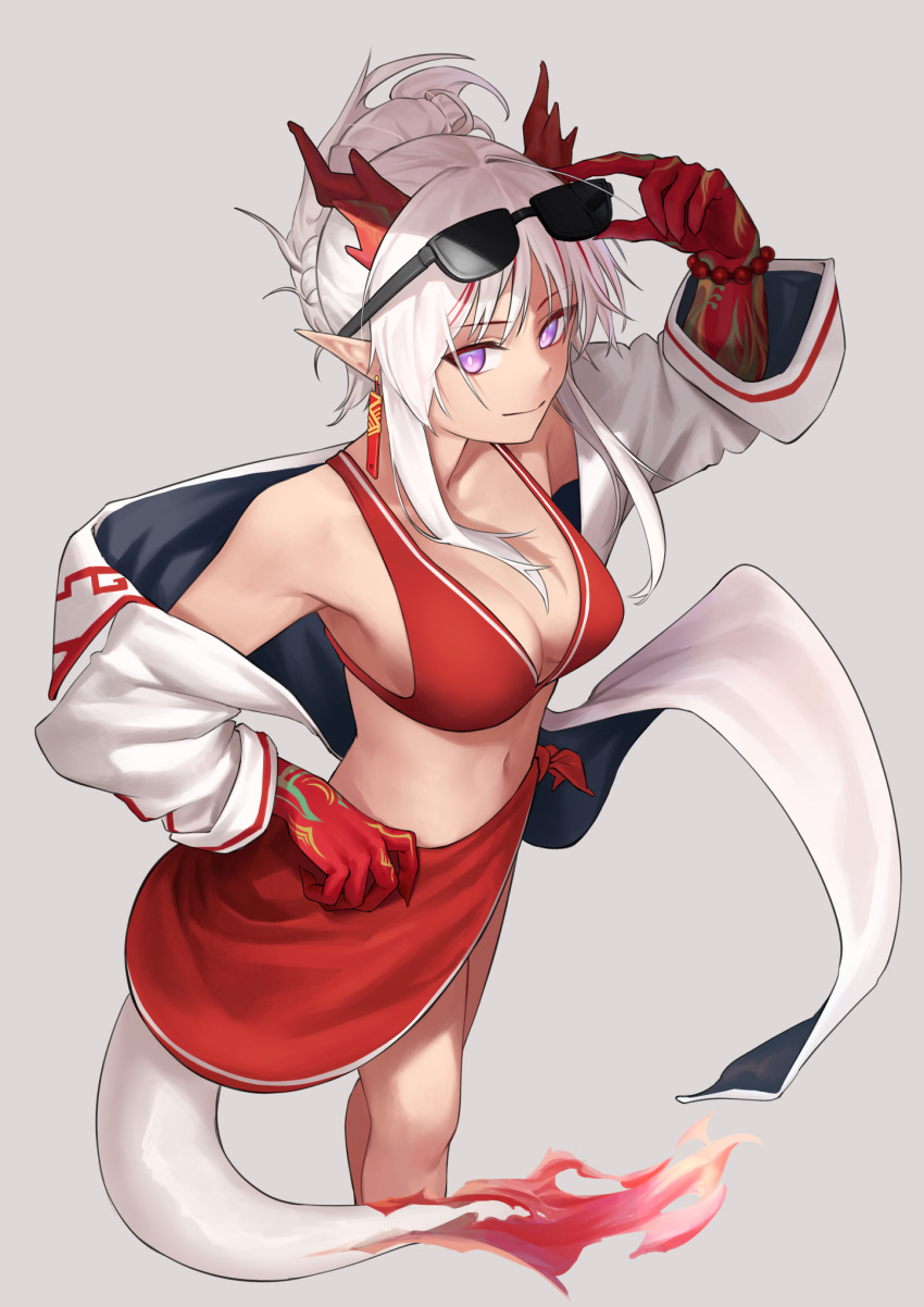 1girl, adjusting_eyewear, alternate_costume, arknights, arm_tattoo, bead_bracelet, beads, bikini, bracelet, breasts, cleavage, colored_skin, cropped_legs, dragon_girl, dragon_horns, dragon_tail, eyewear_on_head, feet_out_of_frame, fire, flame-tipped_tail, folded_ponytail, grey_background, hand_on_eyewear, highres, horns, jacket, jewelry, looking_at_viewer, medium_breasts, mkrk_mikaerukung, multicolored_hair, navel, nian_(arknights), open_clothes, open_jacket, purple_eyes, red_bikini, red_hair, red_skin, sidelocks, simple_background, smile, solo, stomach, streaked_hair, sunglasses, swimsuit, tail, tattoo, white_hair, white_jacket