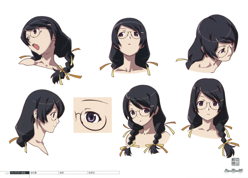 1girl, anime_coloring, bakemonogatari, braid, reference_sheet, hanekawa_tsubasa, highres, monogatari_(series), multiple_views, official_art, portrait, production_art, production_note, scan, simple_background, turnaround, watanabe_akio, white_background, zip_available