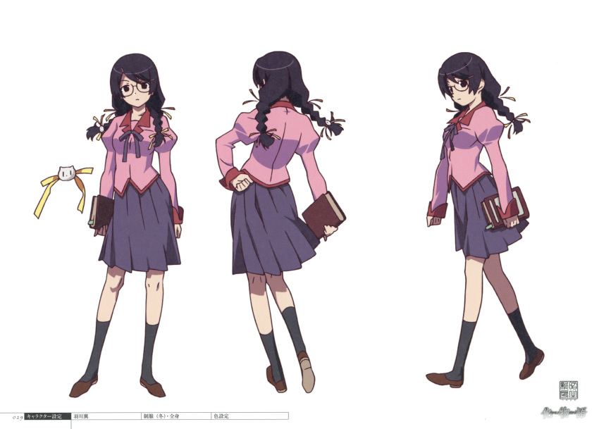 1girl, anime_coloring, bakemonogatari, reference_sheet, from_side, full_body, hand_on_own_hip, hanekawa_tsubasa