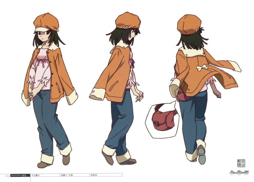1girl, anime_coloring, bakemonogatari, blouse, newsboy_cap, reference_sheet, from_side, full_body