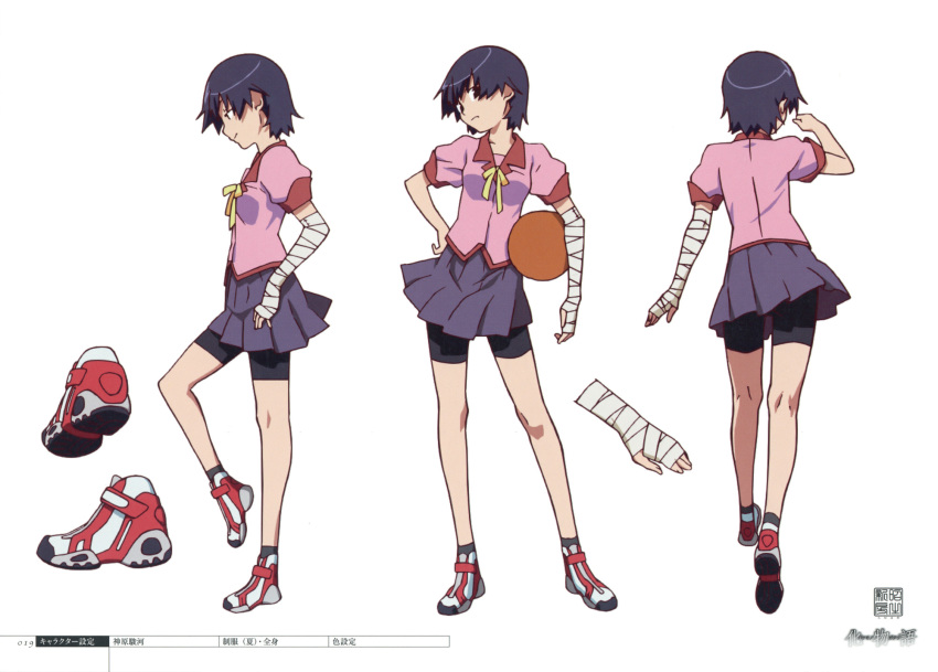 1girl, anime_coloring, bakemonogatari, reference_sheet, from_side, full_body, highres, kanbaru_suruga