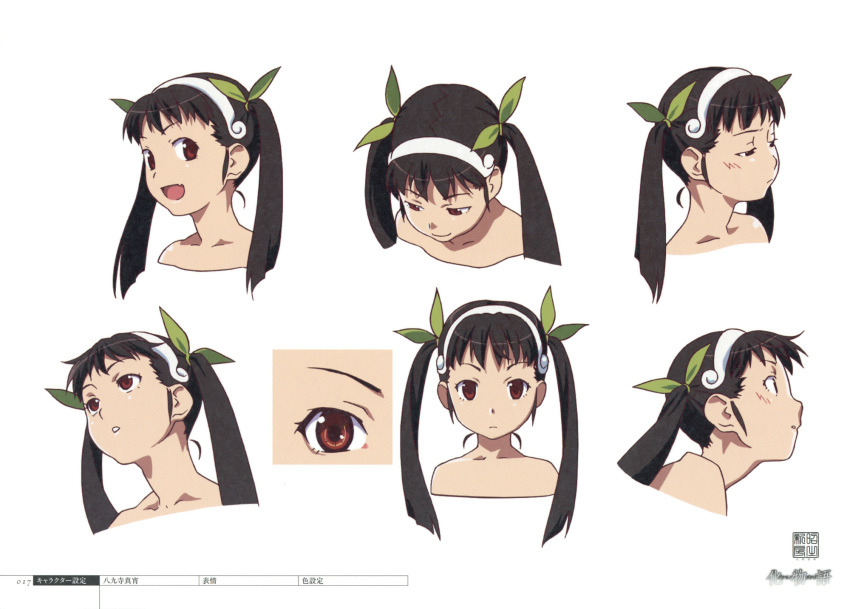 1girl, anime_coloring, bakemonogatari, reference_sheet, hachikuji_mayoi, highres, monogatari_(series), multiple_views, official_art, portrait, production_art, production_note, scan, simple_background, turnaround, white_background, zip_available