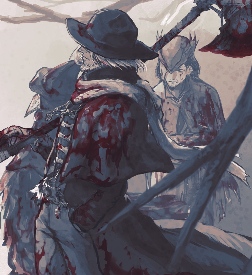 1girl, 2boys, axe, bandages, bandaged_arm, beard, blood, blood_in_hair, blood_on_clothes, blood_on_hands, bloodborne, bloody_bandages, bloody_weapon, cape, cloak, closed_mouth, coat, commentary_request, covered_eyes, djura_(bloodborne), eileen_the_crow, facial_hair, father_gascoigne, from_side, hand_in_pocket, hat, highres, holding, holding_axe, holding_weapon, long_coat, mask, multiple_boys, one_eye_covered, sakuramochi920, scarf, short_hair, tricorne, weapon, white_hair