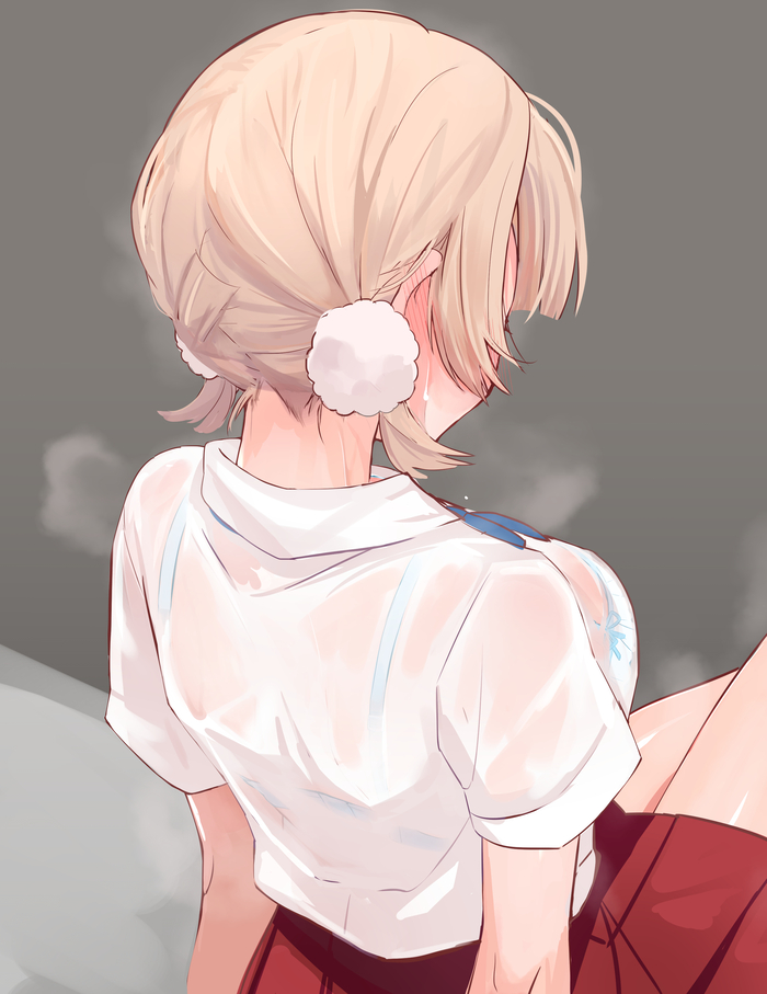 1girl, back, blonde_hair, blush, bra_visible_through_clothes, bralines, breasts, dress_shirt