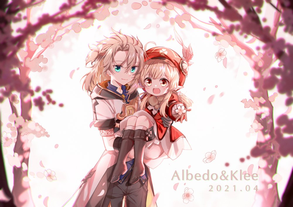 1boy, 1girl, :d, ahoge, albedo_(genshin_impact), belt, bloomers, blue_eyes