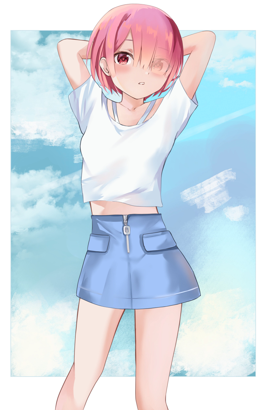 1girl, absurdres, arms_behind_head, arms_up, blue_skirt, breasts, collarbone, day, feet_out_of_frame, hair_ornament, hair_over_one_eye, highres, looking_at_viewer, medium_breasts, miniskirt, outside_border, parted_lips, pink_hair, ponzu_pon9, ram_(re:zero), re:zero_kara_hajimeru_isekai_seikatsu, red_eyes, shirt, short_hair, short_sleeves, skirt, sky, solo, standing, white_shirt