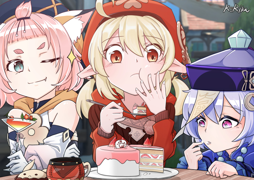 3d_background, :t, ;), absurdres, animal_ear_fluff, animal_ears, bangs_pinned_back, bead_necklace, beads, blurry, brown_scarf, newsboy_cap, cake, cat_ears, cat_girl, chinese_clothes, clover_print, coat, cocktail_glass, cocktail_shaker, commentary_request, cream, cup, depth_of_field, detached_sleeves, diona_(genshin_impact), drink, drinking_glass, eating, fang, food, forehead, fork, genshin_impact, gloves, green_eyes, hair_between_eyes, hair_ribbon, hat, hat_feather, hat_ornament, highres, holding, holding_cup, holding_fork, hood, hooded_coat, jewelry, jiangshi, jumpy_dumpty, kirika_(kirika1677), klee_(genshin_impact), licking, light_brown_hair, long_hair, long_sleeves, looking_at_viewer, low_twintails, mug, necklace, no_gloves, ofuda, one_eye_closed, orange_eyes, pink_hair, pointy_ears, purple_eyes, purple_hair, qingdai_guanmao, qiqi_(genshin_impact), red_coat, red_headwear, ribbon, scarf, short_hair, sidelocks, smile, steam, strawberry_cake, table, thick_eyebrows, twintails, vision_(genshin_impact), white_gloves