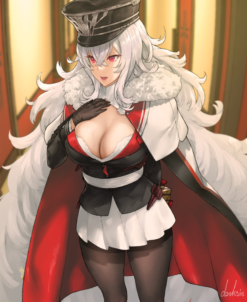 1girl, artist_name, azur_lane, black_gloves, black_headwear, black_jacket, black_pantyhose, bra, bra_peek, breasts, cape, capelet, cleavage, crossed_bangs, darksin, gloves, graf_zeppelin_(azur_lane), hair_between_eyes, hand_on_own_chest, hat, highres, indoors, jacket, large_breasts, long_hair, military, military_uniform, miniskirt, pantyhose, peaked_cap, pleated_skirt, red_cape, skirt, standing, underwear, very_long_hair, white_bra, white_capelet, white_hair, white_skirt