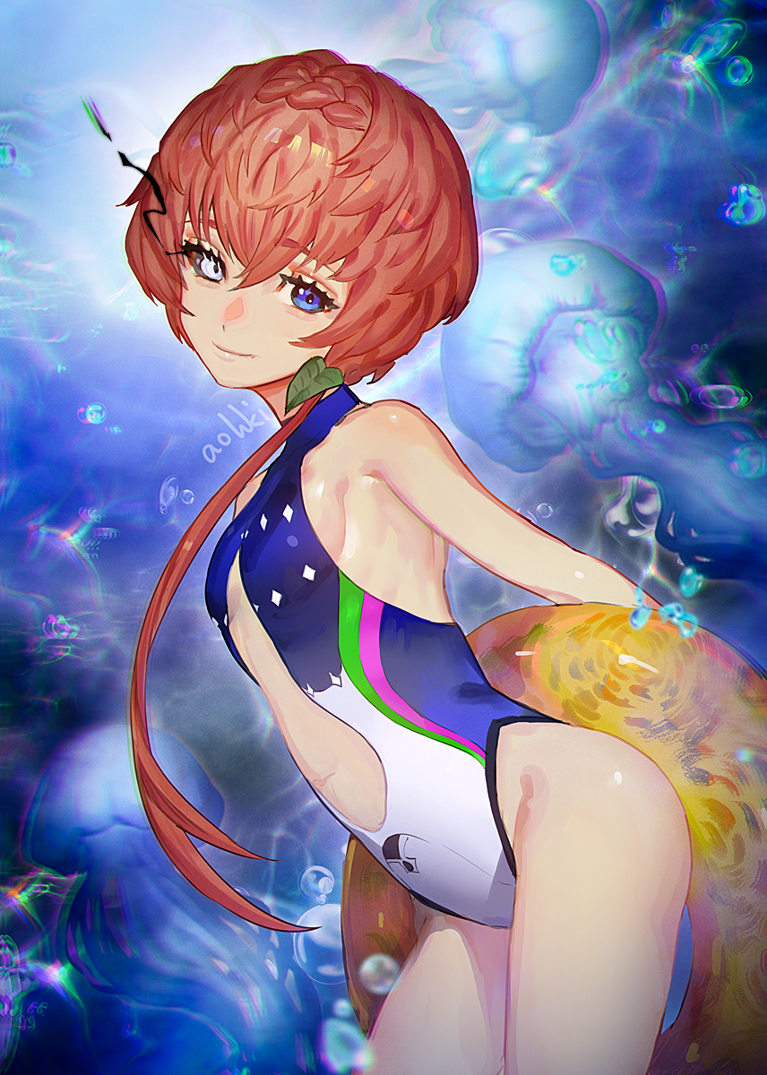1girl, black_sclera, blue_eyes, blue_one-piece_swimsuit, braid, breasts, colored_sclera, crown_braid