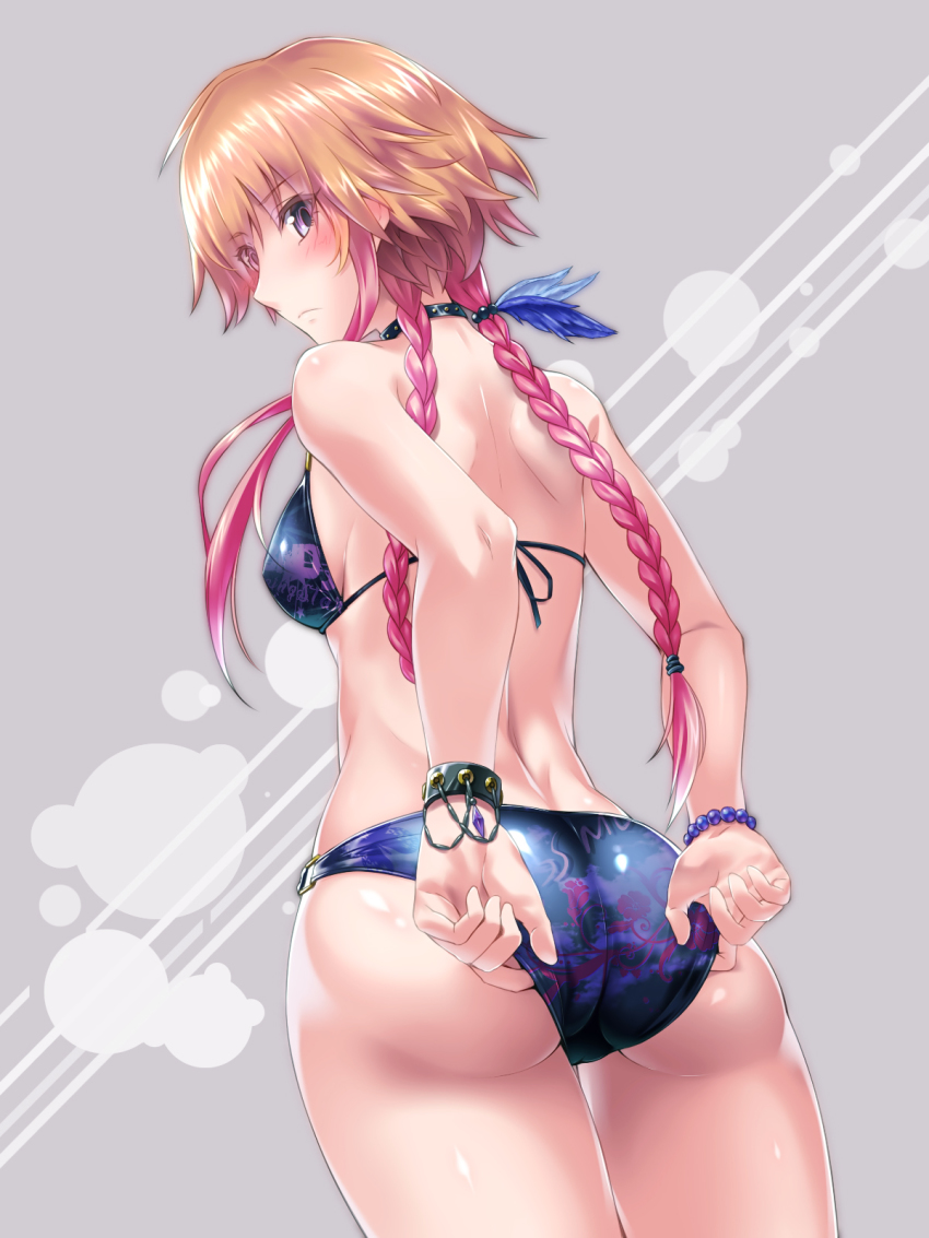 1girl, adjusting_clothes, adjusting_swimsuit, arms_behind_back, ass, bikini, blonde_hair, blush