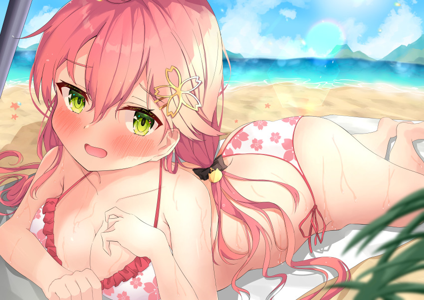 1girl, absurdres, azuremo, beach, beach_towel, bikini, blush, breasts