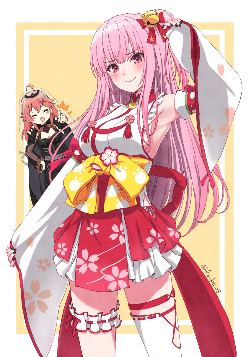 2girls, absurdres, ahoge, arm_up, armpits, asymmetrical_hair, bell, black_cloak