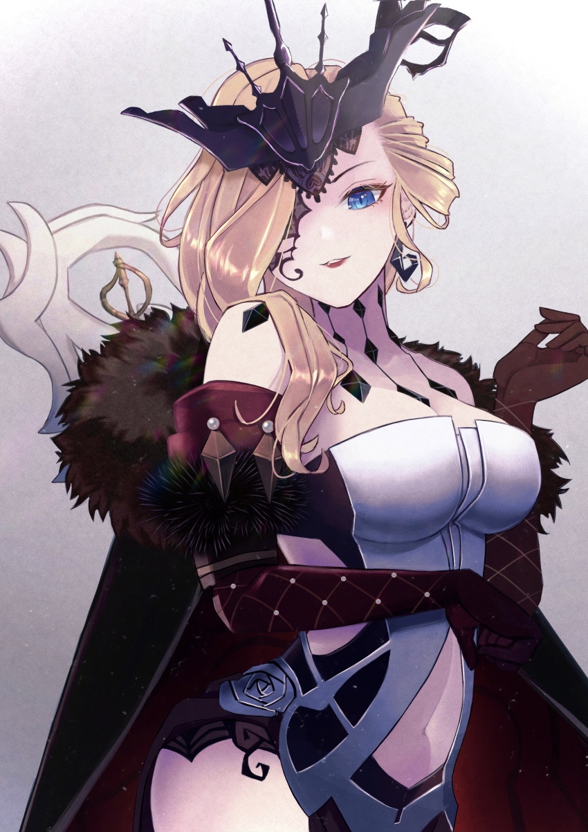 1girl, absurdres, black_mask, blonde_hair, breasts, cleavage, coat, cowboy_shot, earrings, eyeshadow, fishnet_gloves, fishnets, floating_earrings, fur-trimmed_coat, fur_trim, genshin_impact, gloves, gradient_background, half_mask, headpiece, highres, jewelry, lace-trimmed_eyepatch, large_breasts, looking_at_viewer, makeup, mask, mask_over_one_eye, muitarou, one_eye_covered, parted_lips, pink_eyeshadow, signora_(genshin_impact), smile, solo, studded_gloves, teeth, upper_teeth_only, white_background