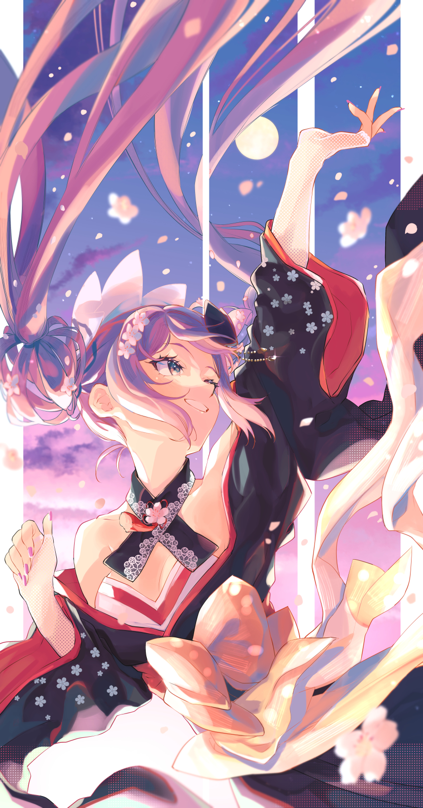 1girl, absurdres, ali_woli, arm_up, bare_shoulders, black_kimono, cherry_blossoms, cloud