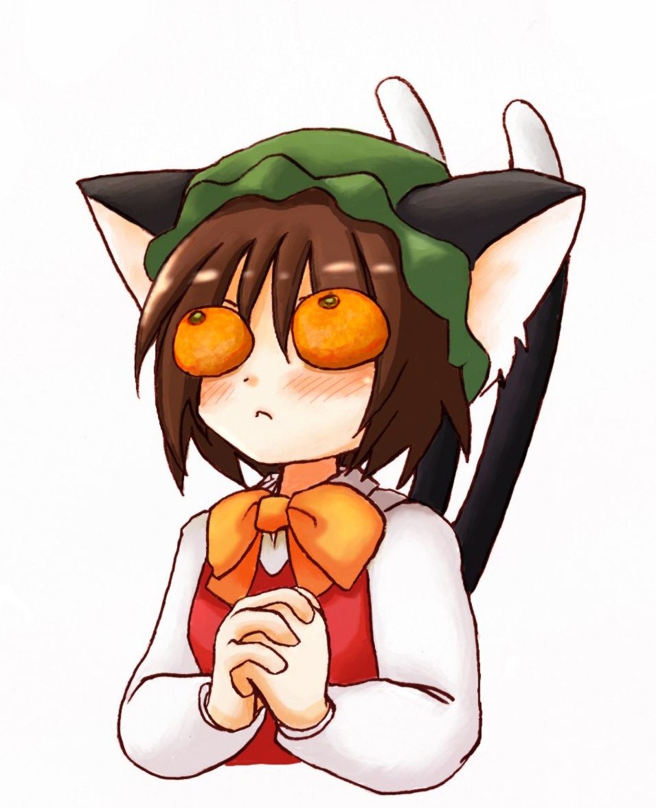 1girl, 8<, alien, animal_ears, bad_id, bad_pixiv_id, blush, chen, eijima_moko, female_focus, food, fruit, hat, mandarin_orange, orange_(fruit), own_hands_clasped, own_hands_together, parody, solo, tail, touhou