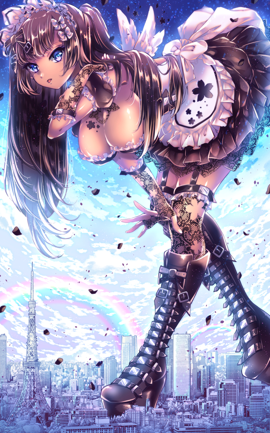 1girl, apron, arm_strap, bad_id, bad_pixiv_id, bent_over, black_dress, black_footwear, black_hair, blue_eyes, boots, breasts, cleavage, clip_studio_paint_(medium), commentary, dark-skinned_female, dark_skin, dress, giant, giantess, highres, large_breasts, linnea_kataja, maid, maid_apron, open_hand, original, platform_boots, platform_footwear, rainbow, untranslatable_commentary, thigh_strap, tokyo_tower, tongue, tongue_out, twintails