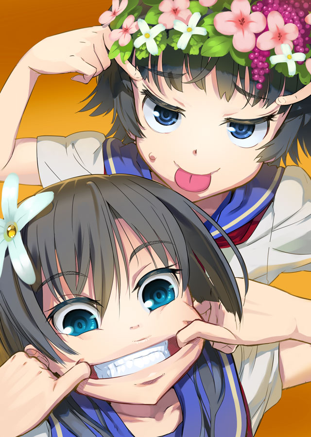 00s, 2girls, :p, andou_shuki, black_hair, blue_eyes, finger_in_own_mouth, fingersmile