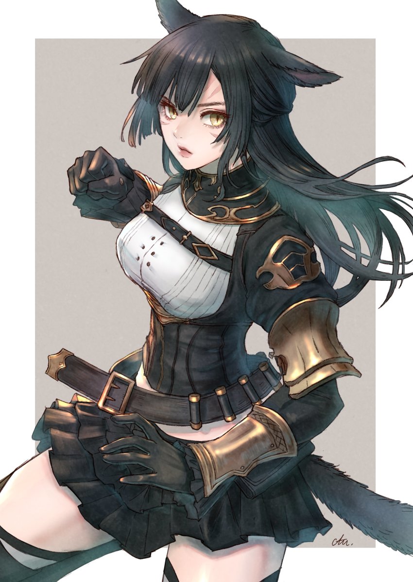 1girl, absurdres, animal_ears, belt, black_gloves, black_hair, black_skirt, blunt_bangs