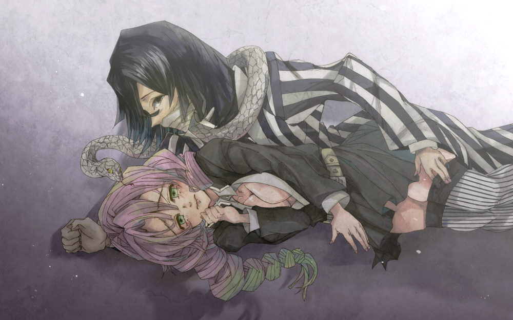 1boy, 1girl, bandages, belt, belt_pouch, black_hair, blush, breasts, cleavage, colored_sclera, forked_tongue, gradient_hair, green_eyes, green_hair, grey_eyes, hand_under_clothes, iguro_obanai, japanese_clothes, kaburamaru, kanroji_mitsuri, kimetsu_no_yaiba, kimono, mask, mole, mole_under_eye, mouth_mask, multicolored_hair, pink_hair, pouch, saci, simple_background, snake, striped_clothes, striped_kimono, striped_legwear, striped_thighhighs, thighhighs, tongue, vertical-striped_clothes, vertical-striped_kimono, vertical-striped_legwear, vertical-striped_thighhighs, white_scales, yellow_sclera