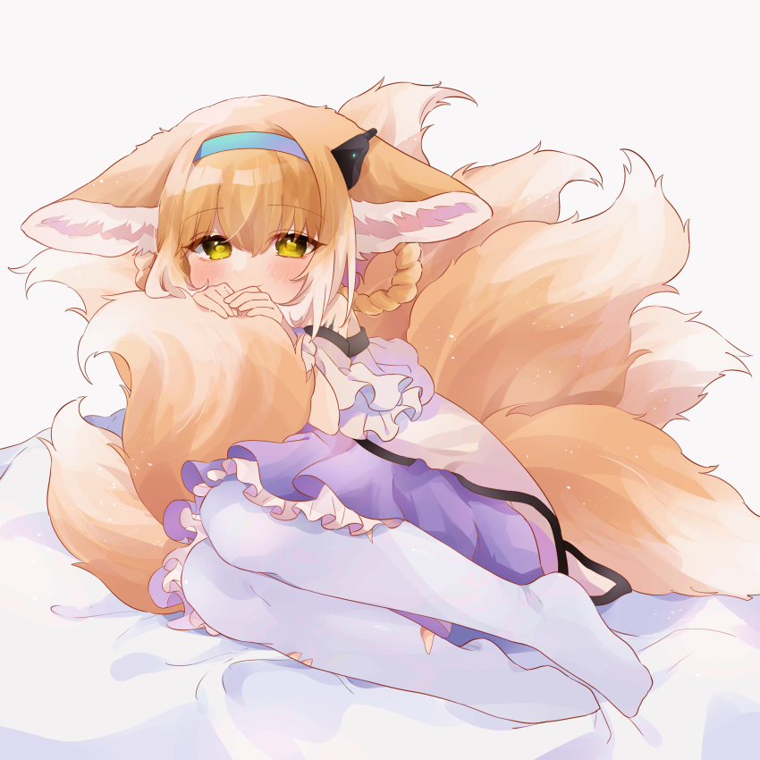 1girl, absurdres, animal_ears, arknights, bare_shoulders, bed_sheet, blonde_hair, blush, braid, braided_hair_rings, closed_mouth, commentary, fox_ears, fox_girl, fox_tail, frilled_skirt, frills, full_body, grey_background, hair_between_eyes, hair_rings, highres, kitsune, long_sleeves, looking_at_viewer, material_growth, no_shoes, oripathy_lesion_(arknights), pantyhose, purple_skirt, shirt, simple_background, skirt, smile, solo, suzuran_(arknights), tail, takumi_mizuki, torn_clothes, torn_pantyhose, twin_braids, white_pantyhose, white_shirt, yellow_eyes